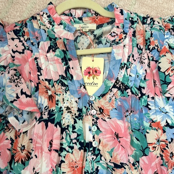 NWT Entro Floral Pastel Maxi Dress Size Medium Tiered Ruffle Flutter Sleeve - Picture 11 of 11